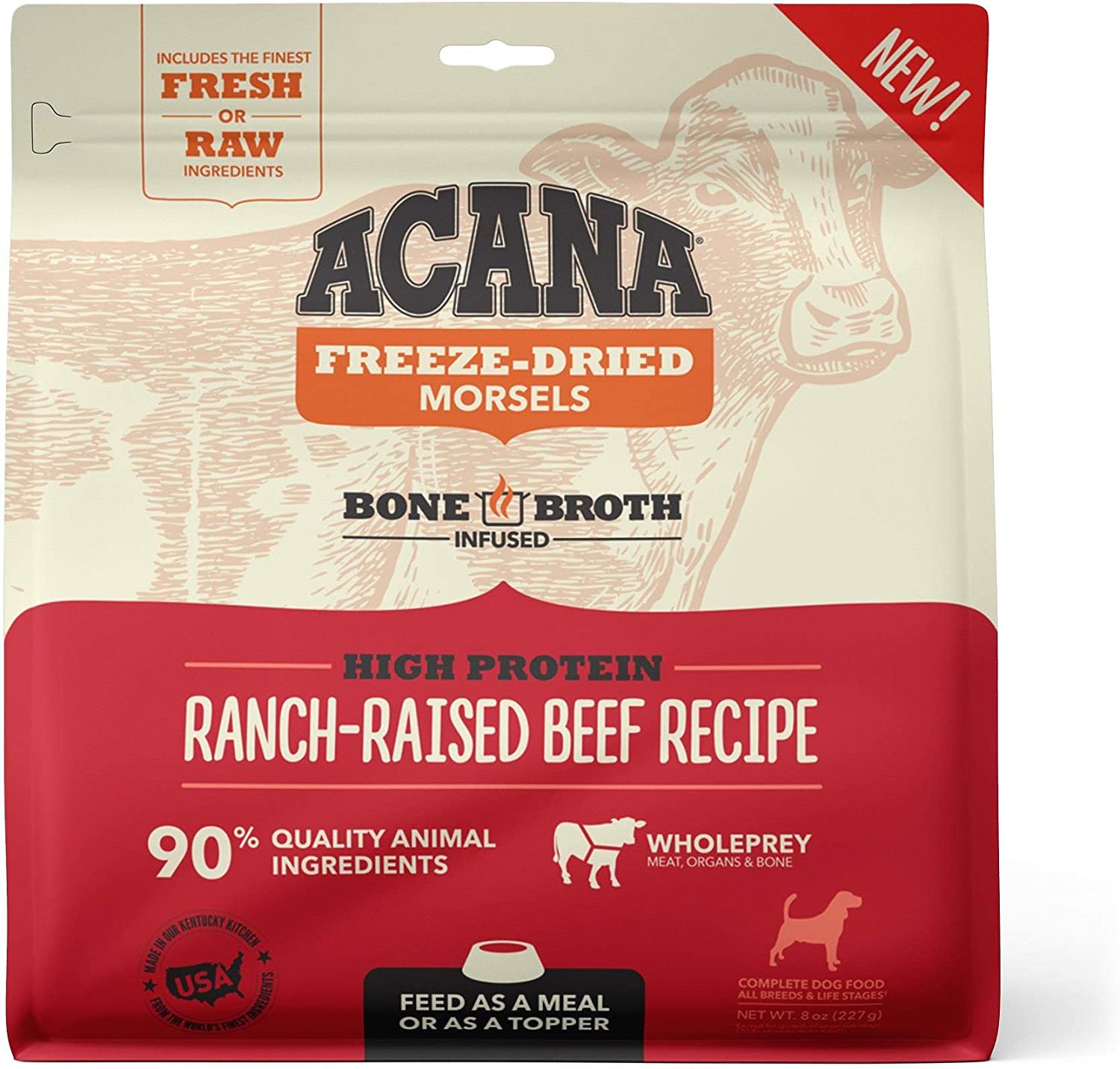 ACANA Grain Free High Protein Fresh & Raw Animal Ingredients Ranch-Raised Beef Recipe Freeze Dried Morsels Dog Food, 8 oz.