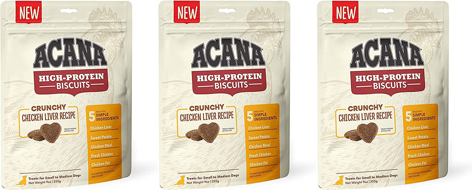 ACANA 3 Pack of Crunchy Chicken Liver High-Protein Biscuits, 9 Ounces Each, for Small to Medium Dogs