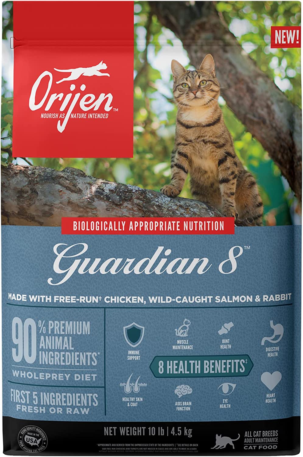 ORIJEN® Dry Adult Cat Food, Grain Free, Premium, High Protein, Fresh & Raw Animal Ingredients, Guardian 8, 10lb